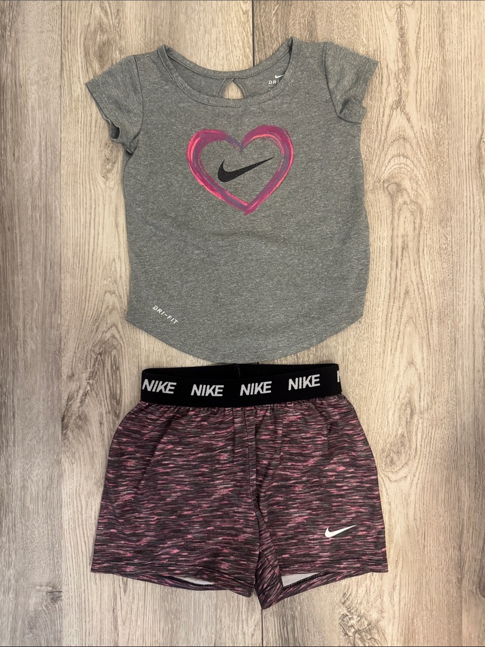 Nike Grey Tee with Pink Heart & Pink Space-Dye Shorts